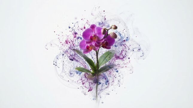 Purple orchid flower with abstract ink splash, floral bloom with liquid paint explosion, artistic botanical orchid on white background