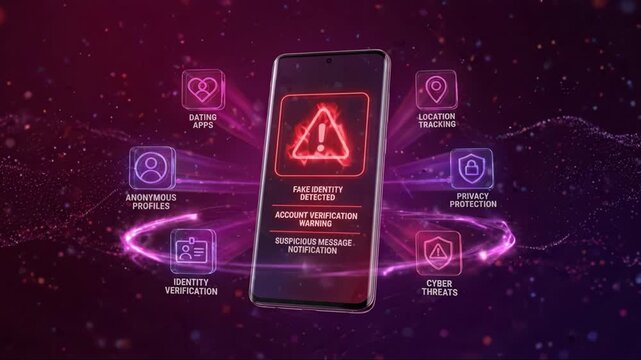 Fake identity detected warning smartphone screen with digital icons for dating app, suspicious message alerts, identity verification, account protection, location tracking, privacy, and cyber threat