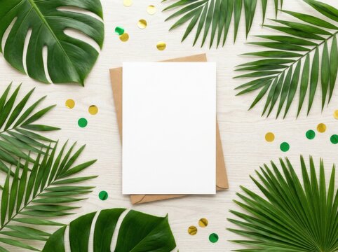 Blank white card invitation with tropical palm leaves and confetti, wedding or party invitation background.