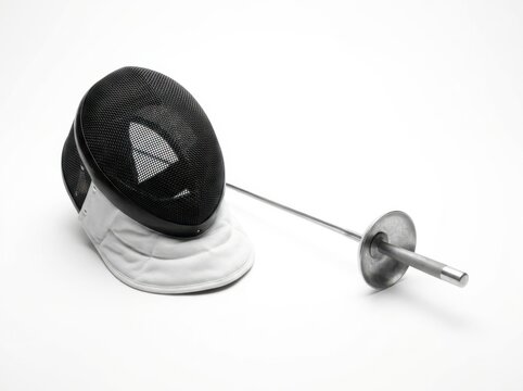 Close up view of fencing mask and foil on a white background, showing intricate details of protective sports gear