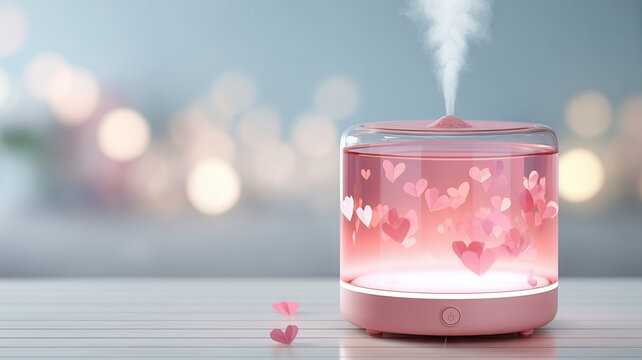 Pink aromatherapy diffuser with heart shape mist on table, wellness valentine copy space