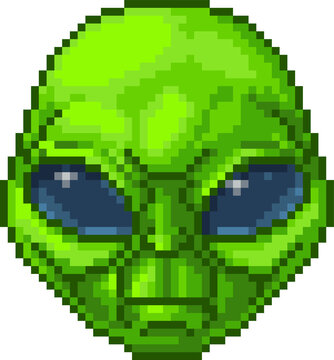 An alien face cartoon character in a video game sprite pixel art style. 
