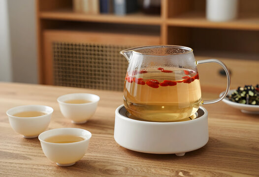Traditional chinese herbal tea with goji berries in a glass teapot on a warmer with three small cups on a wooden table