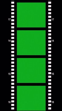 Vertical Green Screen Film Strip Frame animation, Vertical Movie Film Strip with Green Background, Chroma Key Vertical Cinema Film Frame, Green Screen Vertical Film Reel Element