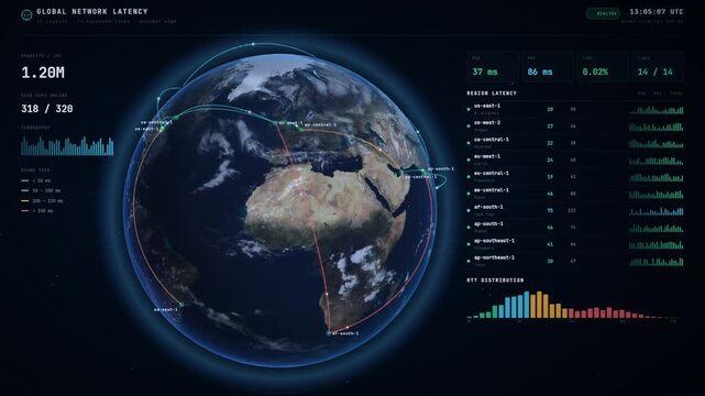 Global network latency dashboard with rotating Earth data routes and live response time charts