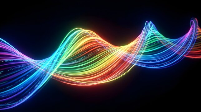 Abstract glowing rainbow light wave flowing through dark background space