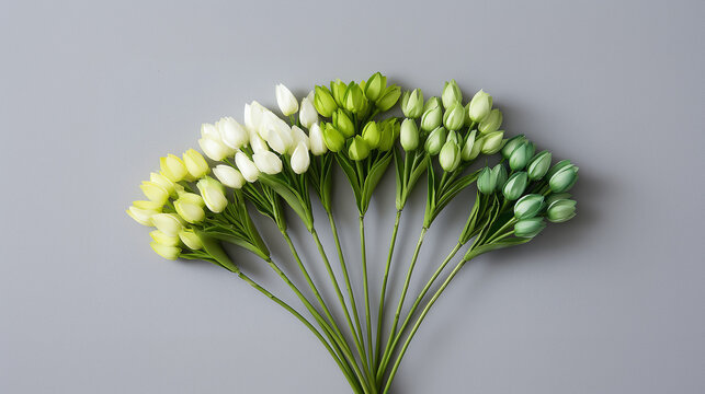Pastel Tulip Flower Bouquet Arranged In Fan Pattern On Neutral Grey Surface