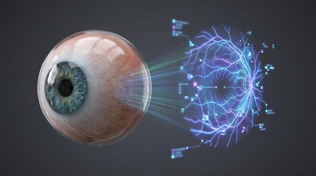 Futuristic 3D CGI concept of a human eye dissolving into glowing blue data particles