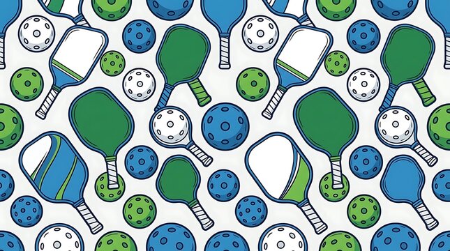 Seamless pattern of colorful pickleball paddles and balls