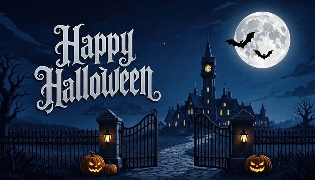 Happy halloween typography text design with glowing pumpkins and iron gate against spooky moonlit night sky.