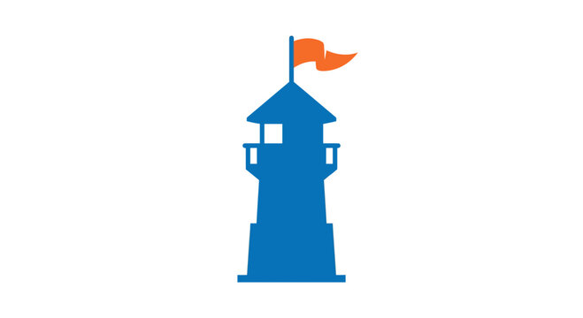 Minimalist blue tower silhouette with orange flag flat vector icon
