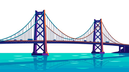 Fototapeta premium Modern Suspension Bridge Vector Illustration Over Water with Traffic
