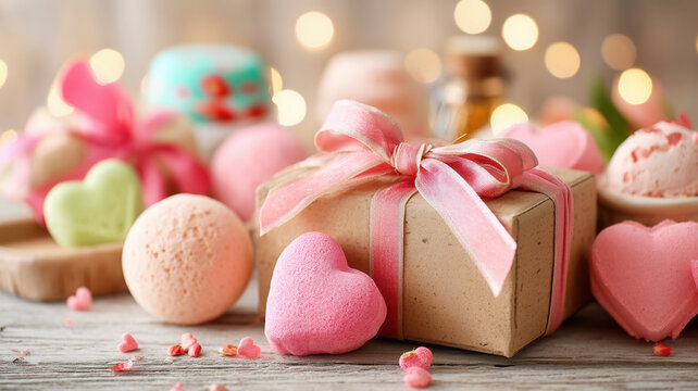 Spa gift box, pink heart, valentine, wellness, bath bomb, copy space