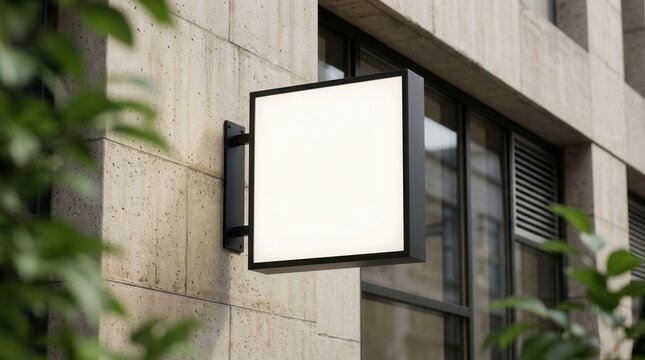 Empty square light box display mockup on a beige concrete wall outdoors