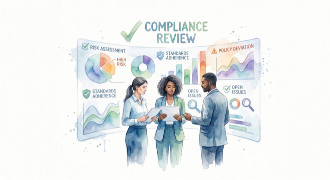 Compliance review panel: inherent risk, residual risk, KRIs, issue tracking, and risk-based approach.