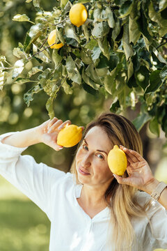 Smiling woman holding fresh lemons while sitting under a lemon tree in a sunny orchard