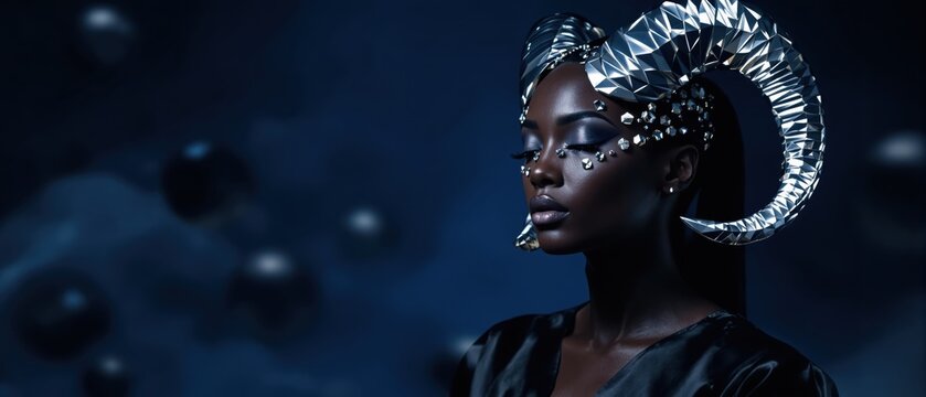woman with eyes closed wearing geometric silver ram horns and crystal face gems against moody dark blue background
