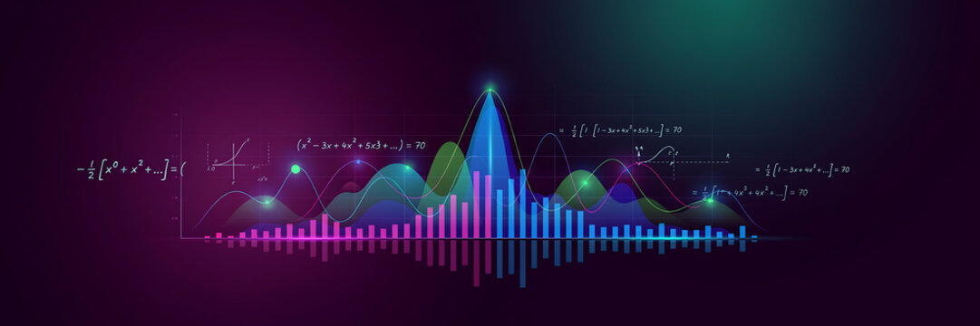 Abstract colorful mathematical graph and equation illustration with glowing curves and bar chart