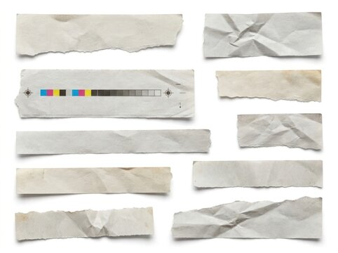 Various torn pieces of aged paper and newspaper fragments with printing marks, offering vintage texture for graphic design.
