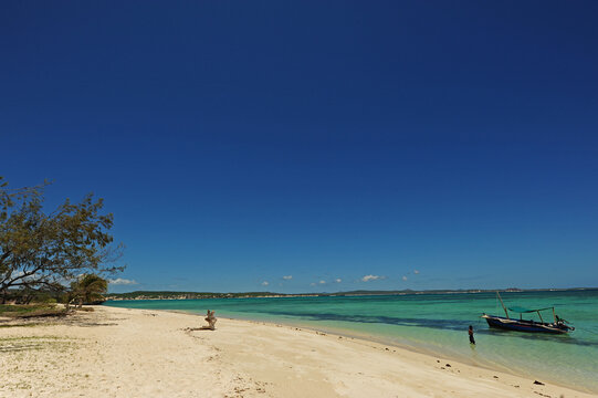 Madagascar, Ramena, Mer d'Emeraude, view of white sand beach from the emerald and transparent sea