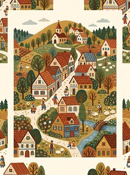 Seamless folk art village pattern with houses and hills