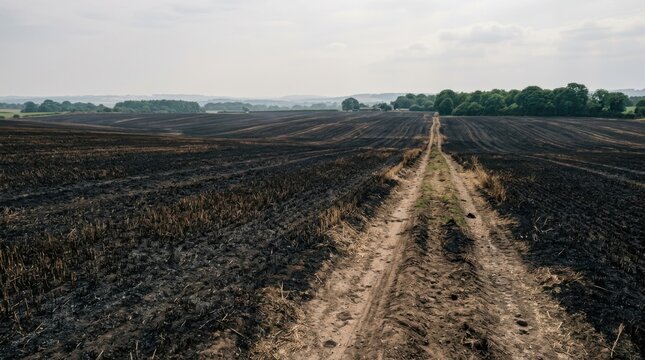 Narrow dirt path through a large agricultural field under a cloudy sky
