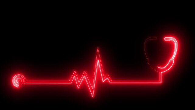 glowing neon stethoscope heartbeat icon isolated on black background. Suitable for medical healthcare monitoring concept. 4k video animation