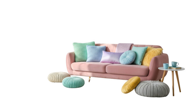Pink sofa with colorful cushions furniture.