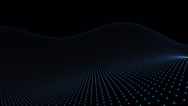 Abstract dark blue digital wave background with glowing tech particles and grid network