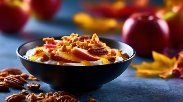 A black bowl of yogurt topped with granola, pecans and apple slices, surrounded by apples and autumn leaves