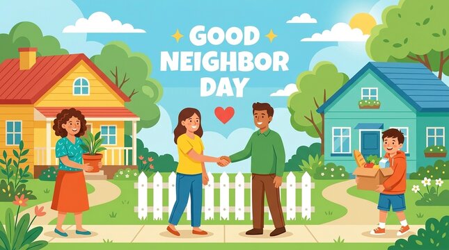 Happy multicultural family celebrating Good Neighbor Day with heart sign in front yard