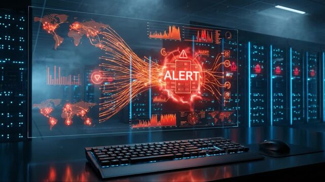 Cybersecurity alert on digital screen with keyboard and mouse in data center room showing glowing red warning sign and global network threat visualization for data protection technology interface