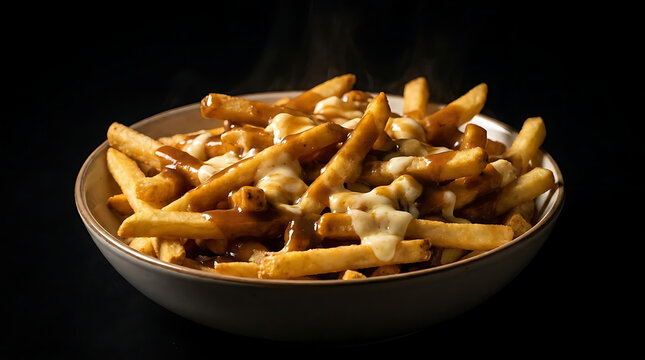 Bowl of Canadian poutine with fries and gravy.