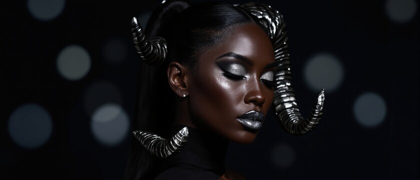 black woman with metallic ram horns and silver glitter makeup posing with closed eyes against dark bokeh background