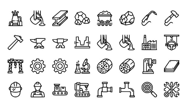 Metallurgy and Heavy Industry Line Icon Set with Metal Foundry Smithing Anvils Factory Smelting Mining Equipment Crane Pipes and Worker Safety Symbols for Engineering Designs