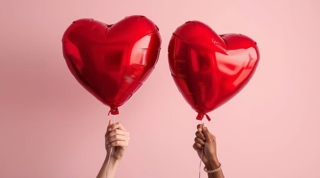 Two glossy red heart-shaped balloons held by diverse hands against a pink background