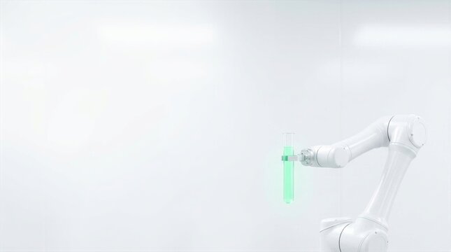 Minimalist clean design of a white robotic arm holding a glass test tube containing glowing green liquid for medical research and automated laboratory science concepts.
