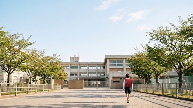 朝の学校へ登校する日本の小学生の後ろ姿