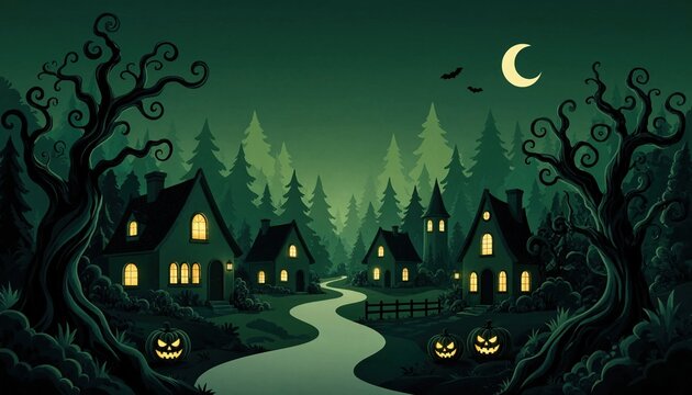 Enchanted halloween night landscape featuring dark spooky forest path and glowing yellow jack-o-lanterns with rustic houses in green tone.