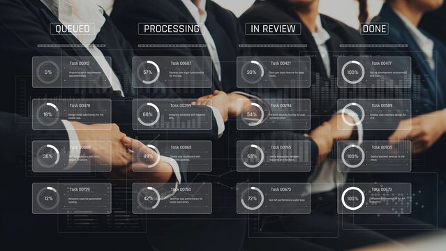 A visual depiction of a project management workflow showcasing task tracking, progress indicators, and professionals collaborating in a corporate setting to optimize efficiency. Raster
