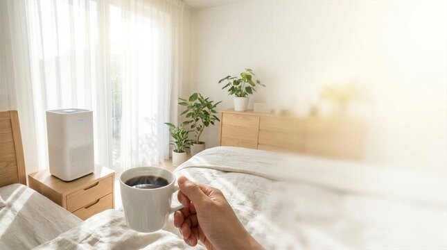 Morning bedroom scene with a person holding a steaming cup of coffee next to a modern white air purifier creating a fresh and healthy indoor environment.