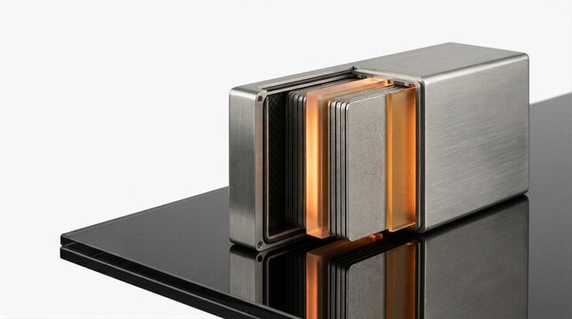 High tech conceptual 3D render of a rectangular solid state battery or advanced data drive featuring an open metallic casing to reveal glowing stacked internal layers on a glossy black surface.
