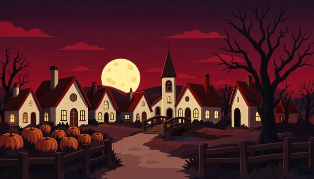 Spooky halloween village scene with glowing pumpkins and full moon under dark red sky backdrop for festive seasonal decoration.