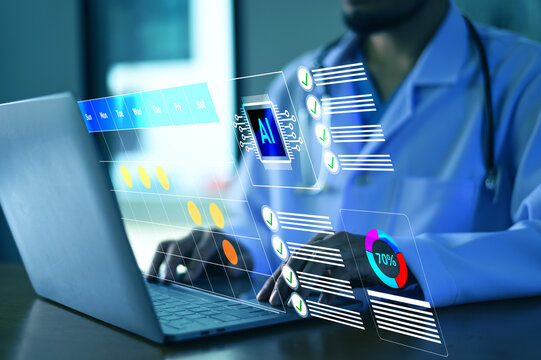 Doctor Using Advanced AI Technology to Analyze Medical Information and Support Modern Digital Healthcare Services