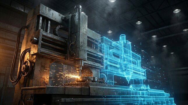 Heavy industrial CNC milling machine transitioning into a blue digital twin wireframe with sparks flying in a smart manufacturing factory environment.