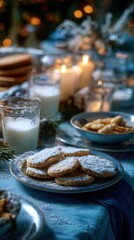 Naklejka premium Celebration display showcases a blue table covering, assorted plates, milk, and candles, highlighted by a centerpiece of cookies dusted with powdered sugar