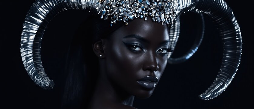fantasy woman wearing sleek silver ram horns and sparkling crystal headpiece looking at camera with glossy dark makeup against a black studio background
