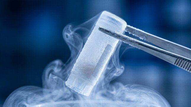 Macro shot of metal tweezers gripping a frozen clear glass vial covered in thick frost and emitting cold vapor in a dark blue laboratory environment representing cryogenic storage.
