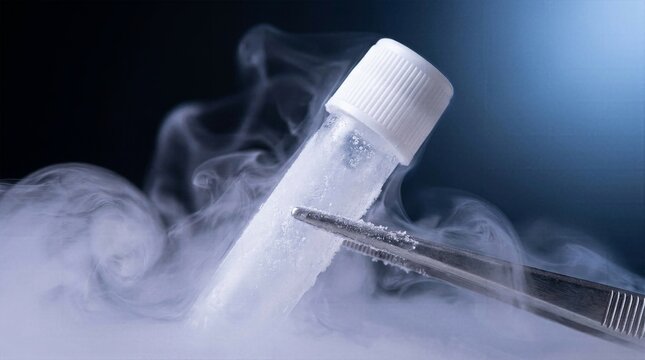 Stainless steel laboratory tweezers holding a frosted plastic sample tube releasing cold white vapor indicating extreme low temperature freezing and biomedical preservation.