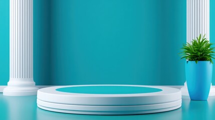 Fototapeta premium Elegant minimalist interior with white columns, blue walls, round podium, and potted plant